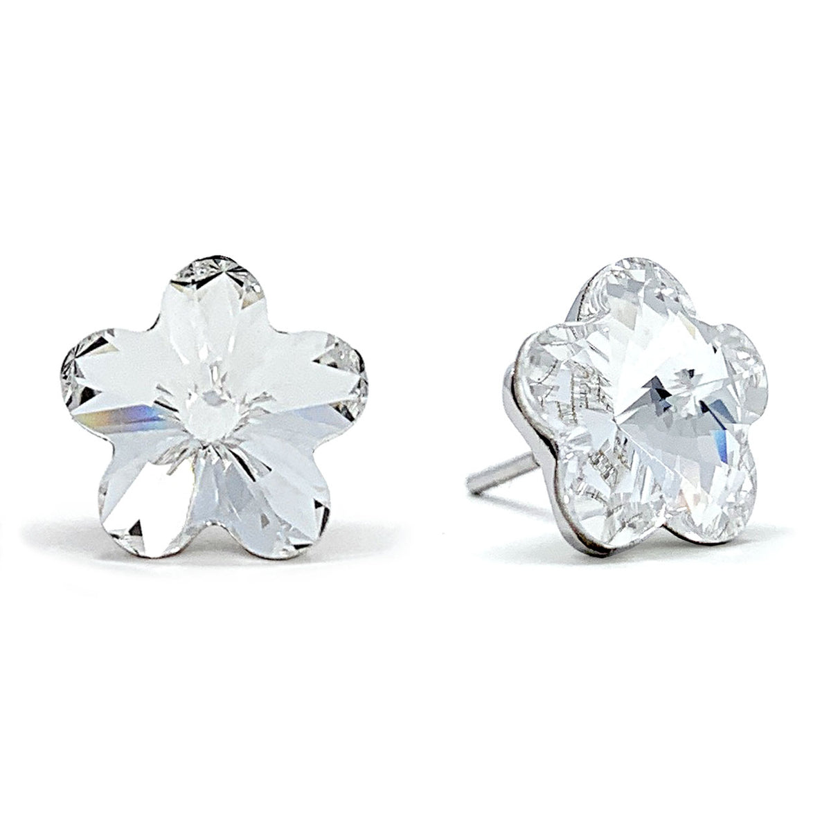Anna Stud Earrings with White Clear Flower Crystals from Swarovski Silver Toned Rhodium Plated - Ed Heart