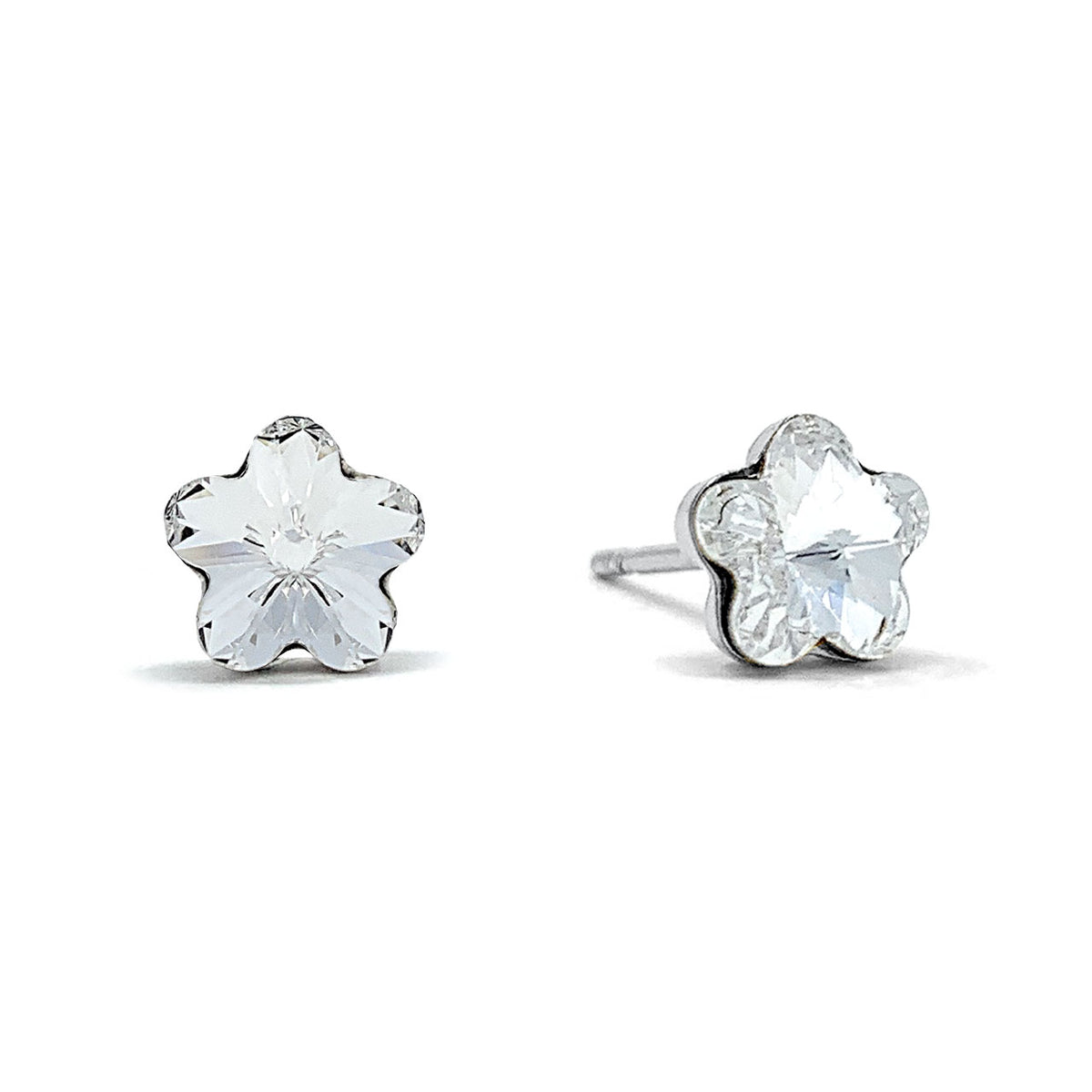 Anna Small Stud Earrings with White Clear Flower Crystals from Swarovski Silver Toned Rhodium Plated - Ed Heart