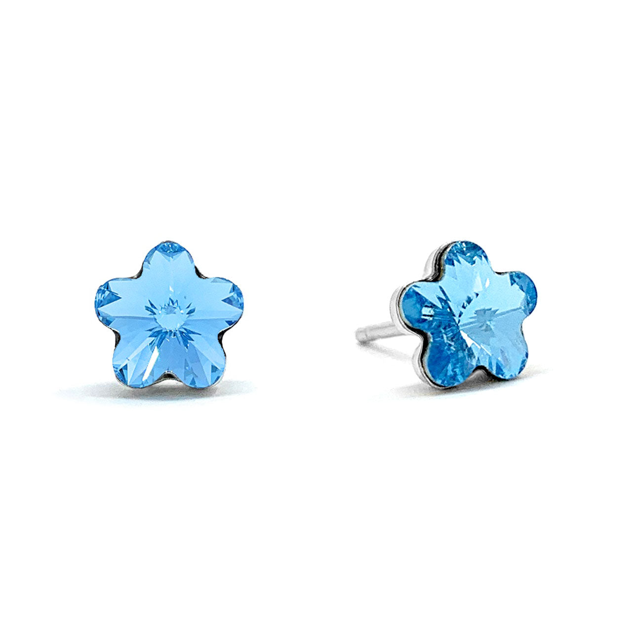 Anna Small Stud Earrings with Blue Aquamarine Flower Crystals from Swarovski Silver Toned Rhodium Plated - Ed Heart