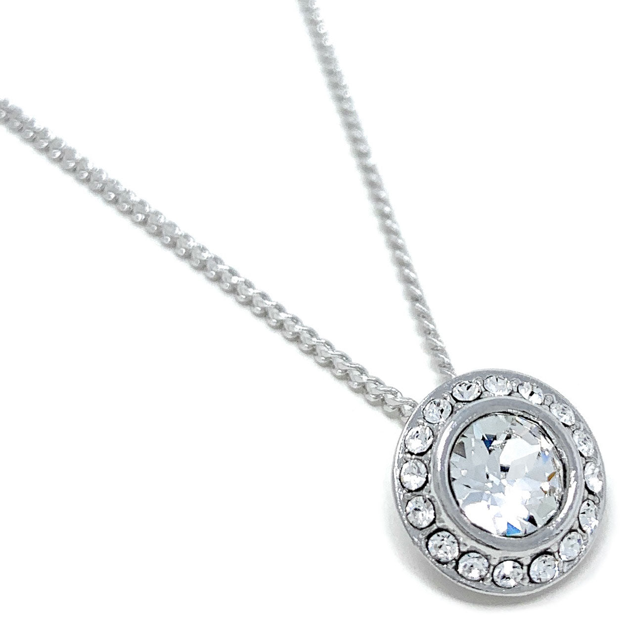 Halo Pave Pendant Necklace with White Clear Round Crystals from Swarovski Silver Toned Rhodium Plated - Ed Heart
