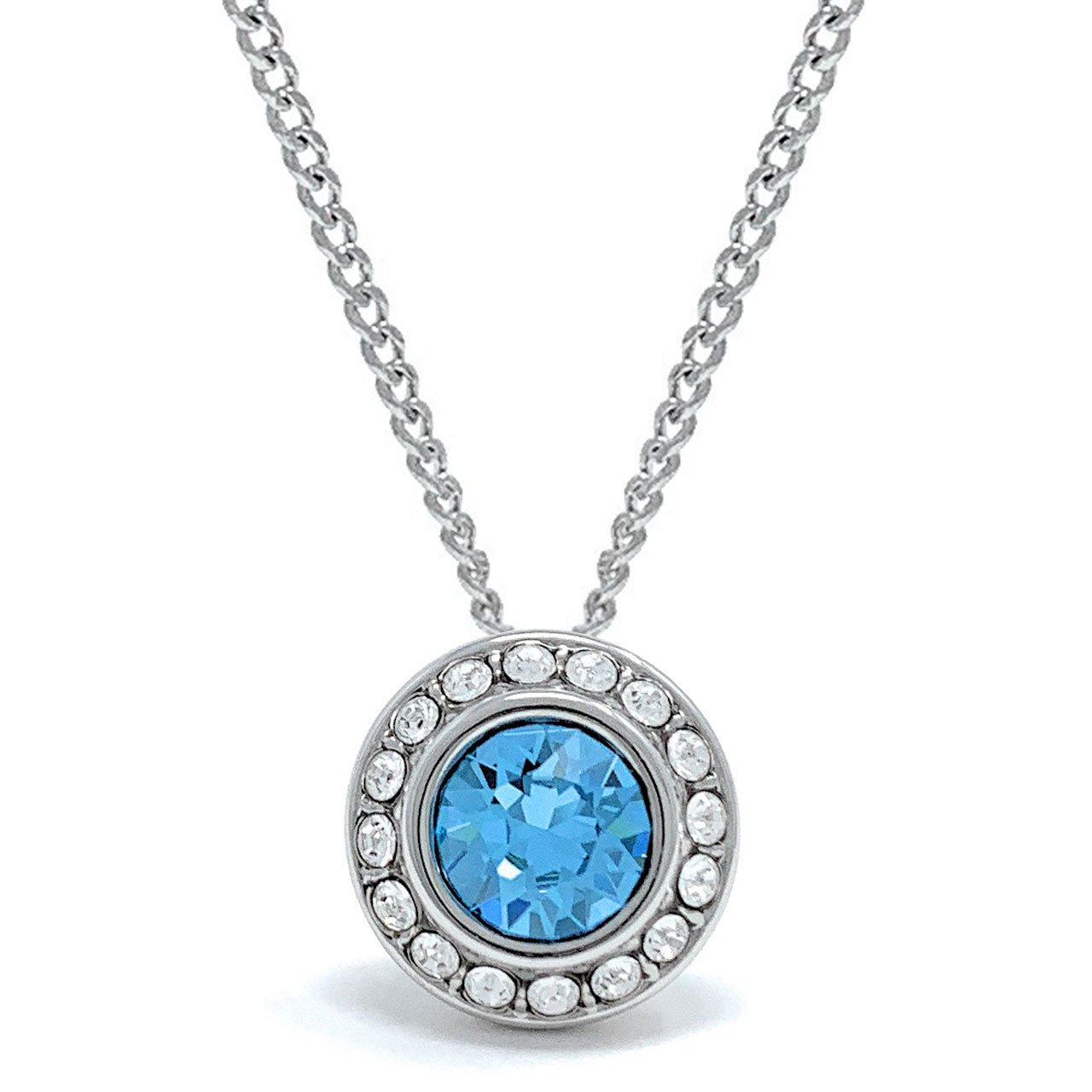 Halo Pave Pendant Necklace with Blue Aquamarine Round Crystals from Swarovski Silver Toned Rhodium Plated - Ed Heart