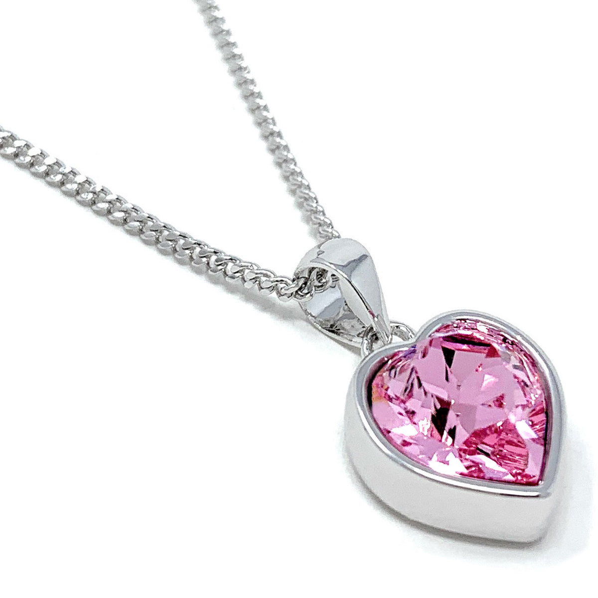 Lucia Pendant Necklace with Pink Light Rose Heart Crystals from Swarovski Silver Toned Rhodium Plated - Ed Heart