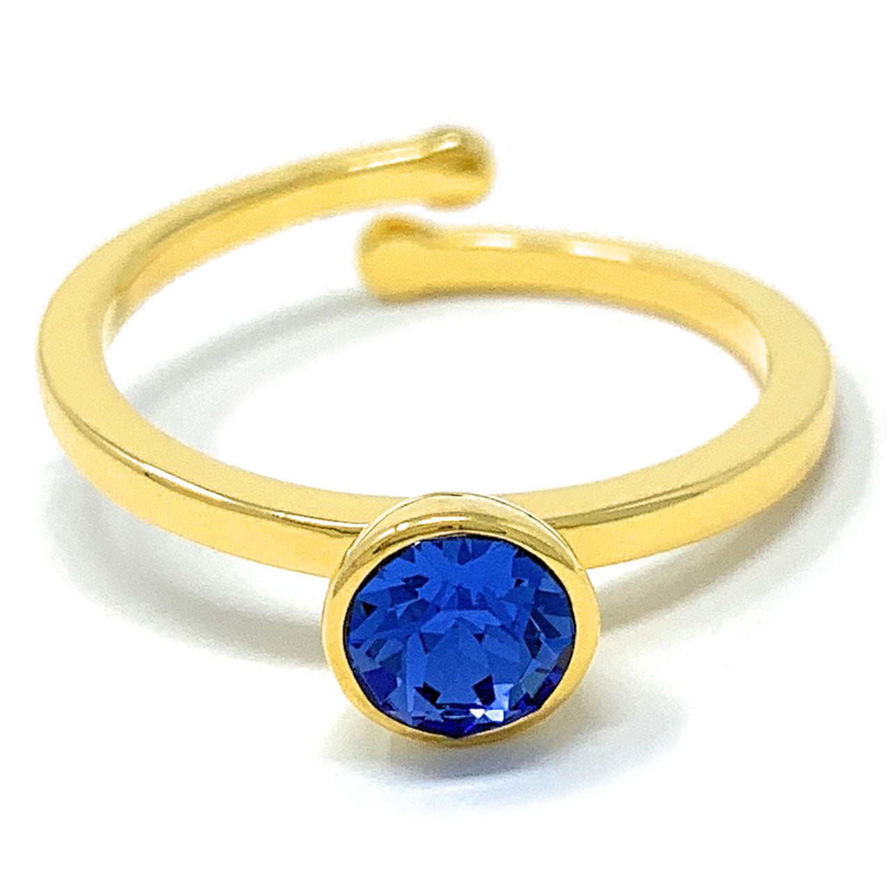 Harley Adjustable Ring with Blue Sapphire Round Crystals from Swarovski Gold Plated - Ed Heart