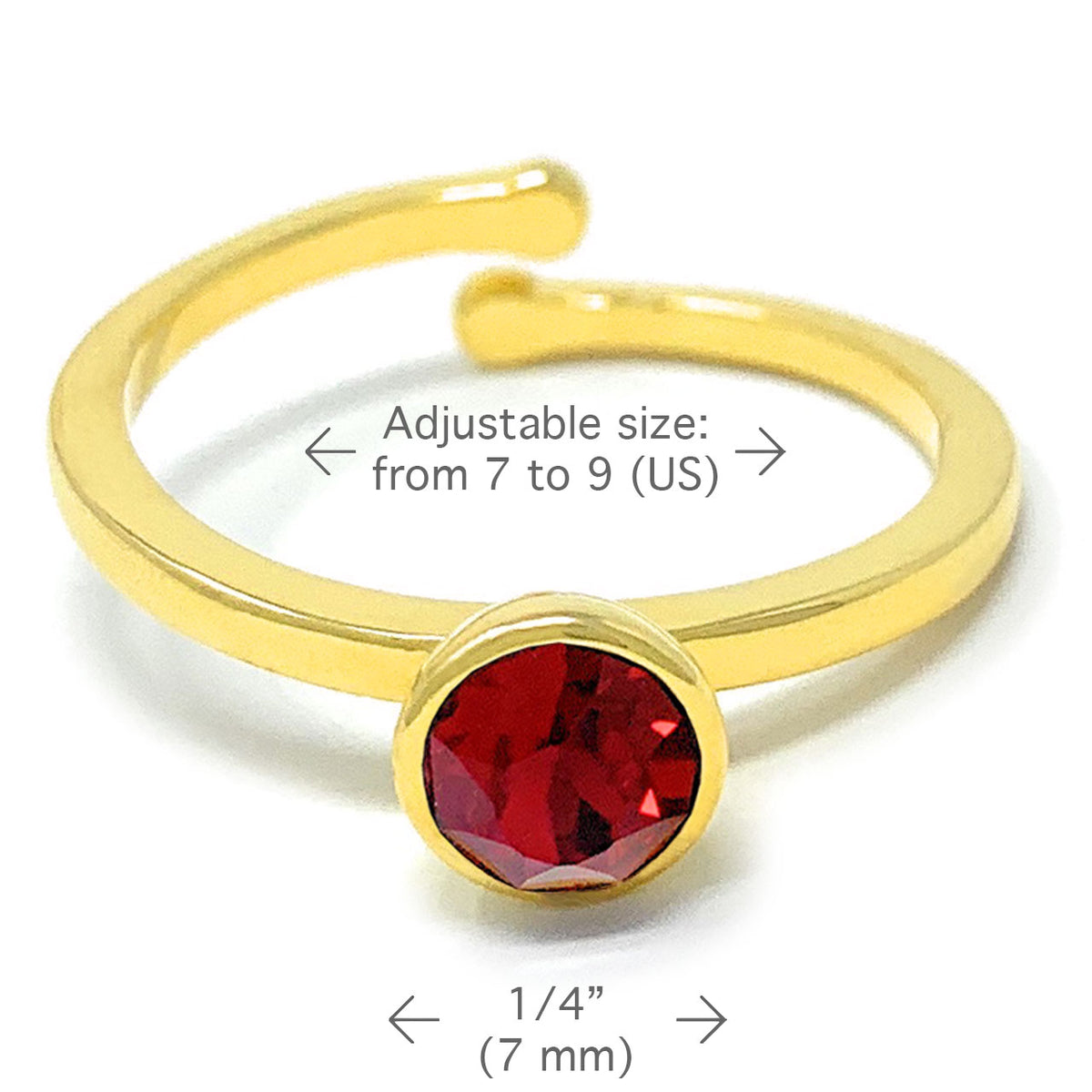 Harley Adjustable Ring with Red Siam Round Crystals from Swarovski Gold Plated - Ed Heart