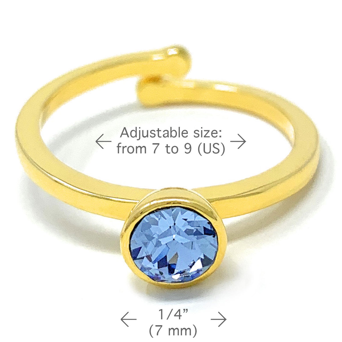 Harley Adjustable Ring with Blue Light Sapphire Round Crystals from Swarovski Gold Plated - Ed Heart