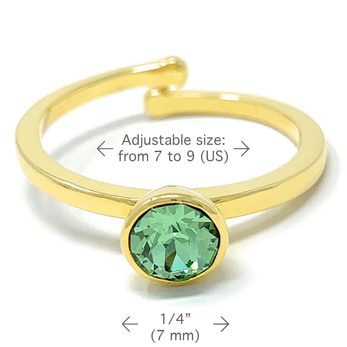 Harley Adjustable Ring with Green Peridot Round Crystals from Swarovski Gold Plated - Ed Heart