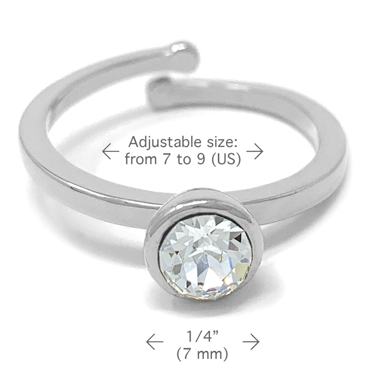Harley Adjustable Ring with White Clear Round Crystals from Swarovski Silver Toned Rhodium Plated - Ed Heart