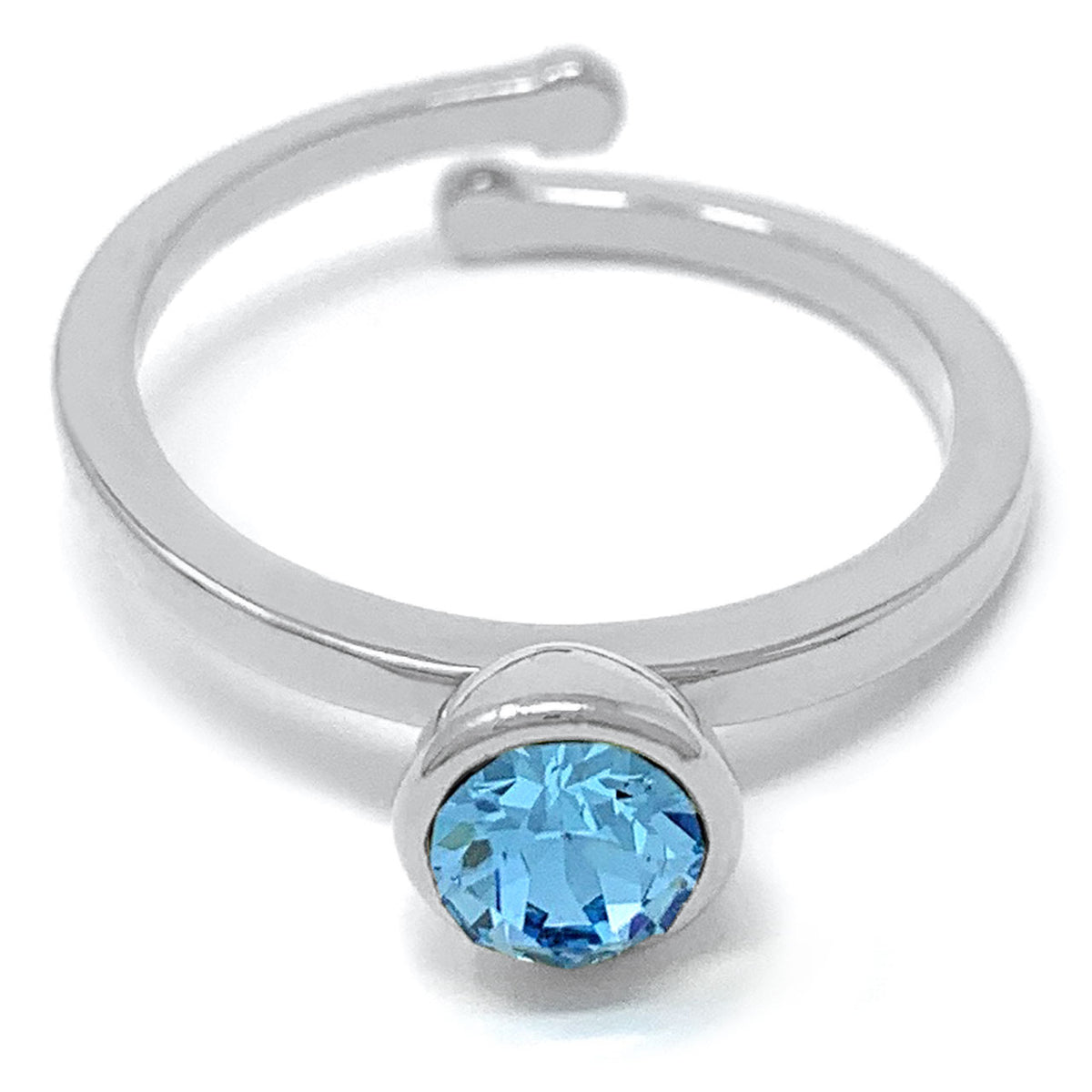 Harley Adjustable Ring with Blue Aquamarine Round Crystals from Swarovski Silver Toned Rhodium Plated - Ed Heart