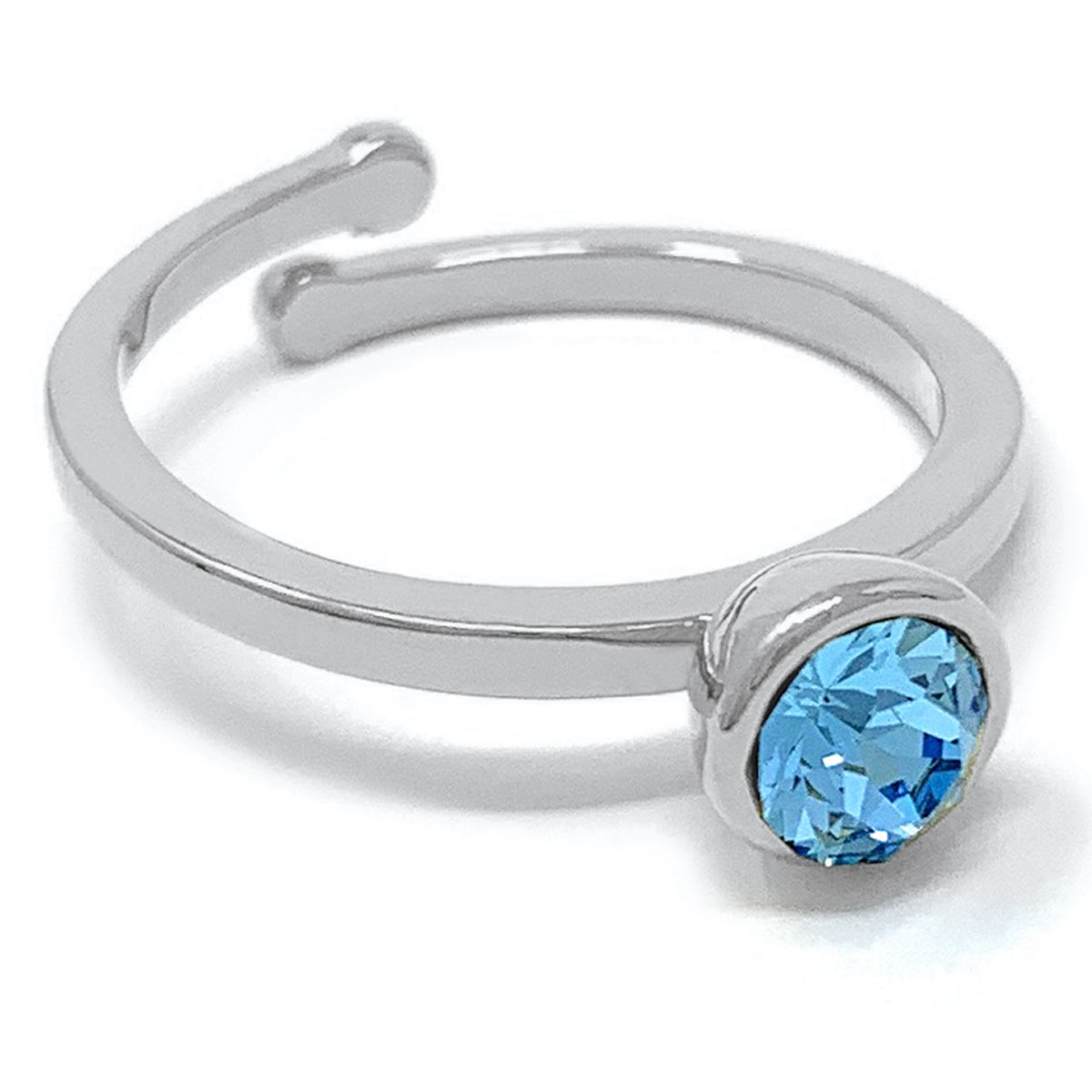 Harley Adjustable Ring with Blue Aquamarine Round Crystals from Swarovski Silver Toned Rhodium Plated - Ed Heart