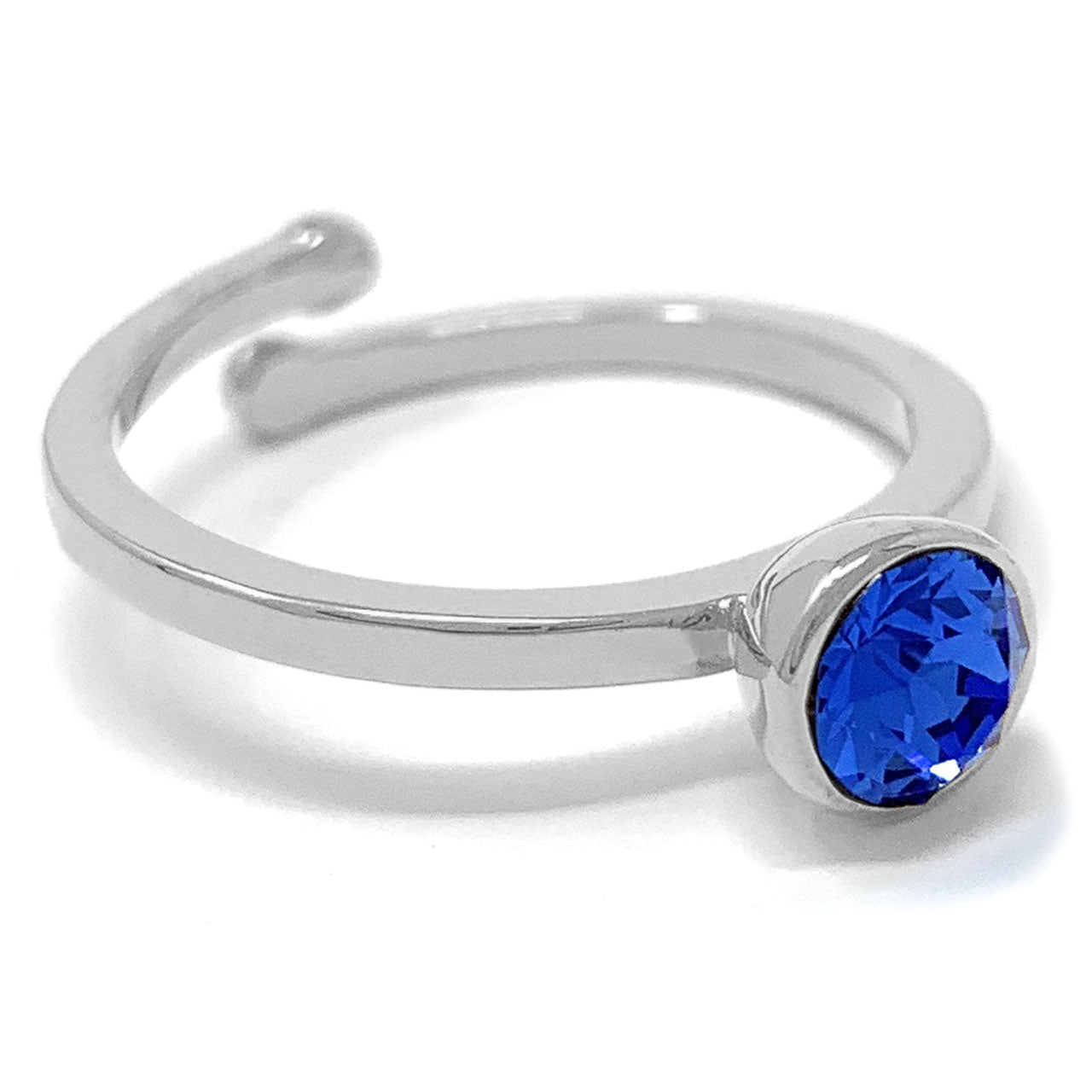Harley Adjustable Ring with Blue Sapphire Round Crystals from Swarovski Silver Toned Rhodium Plated - Ed Heart