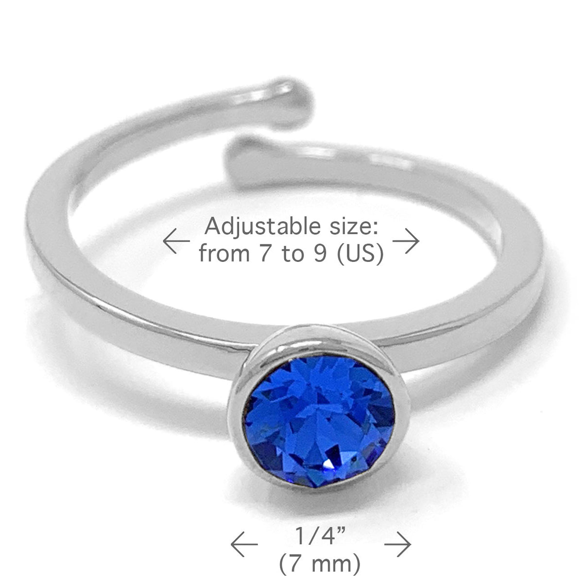 Harley Adjustable Ring with Blue Sapphire Round Crystals from Swarovski Silver Toned Rhodium Plated - Ed Heart