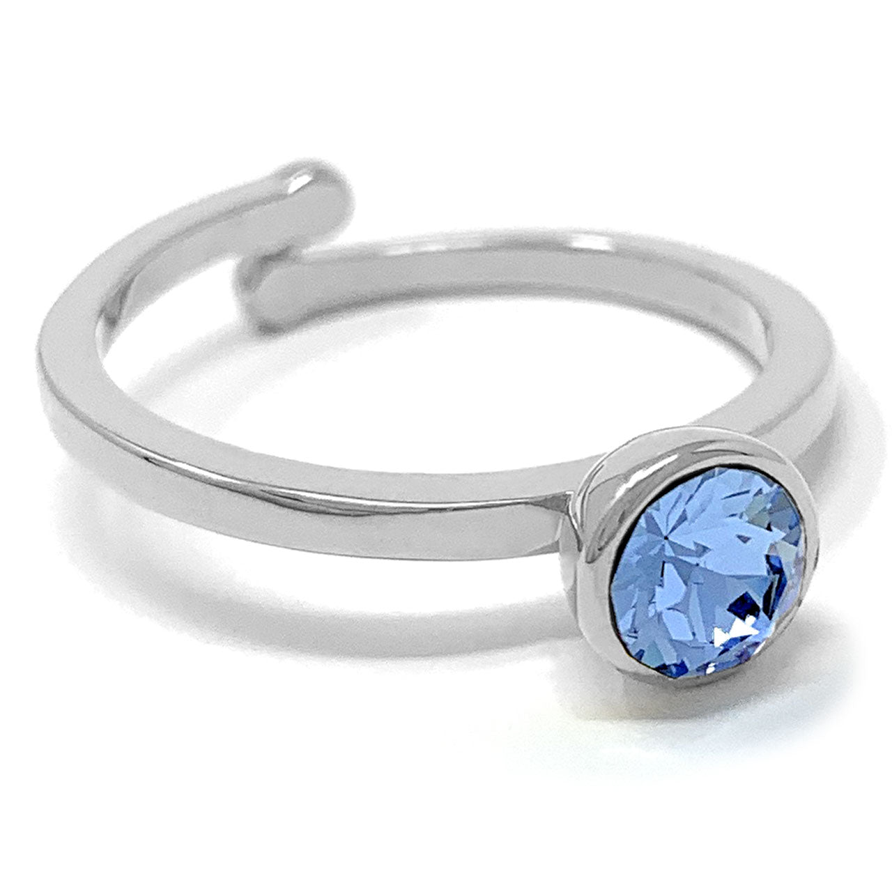 Harley Adjustable Ring with Blue Light Sapphire Round Crystals from Swarovski Silver Toned Rhodium Plated - Ed Heart
