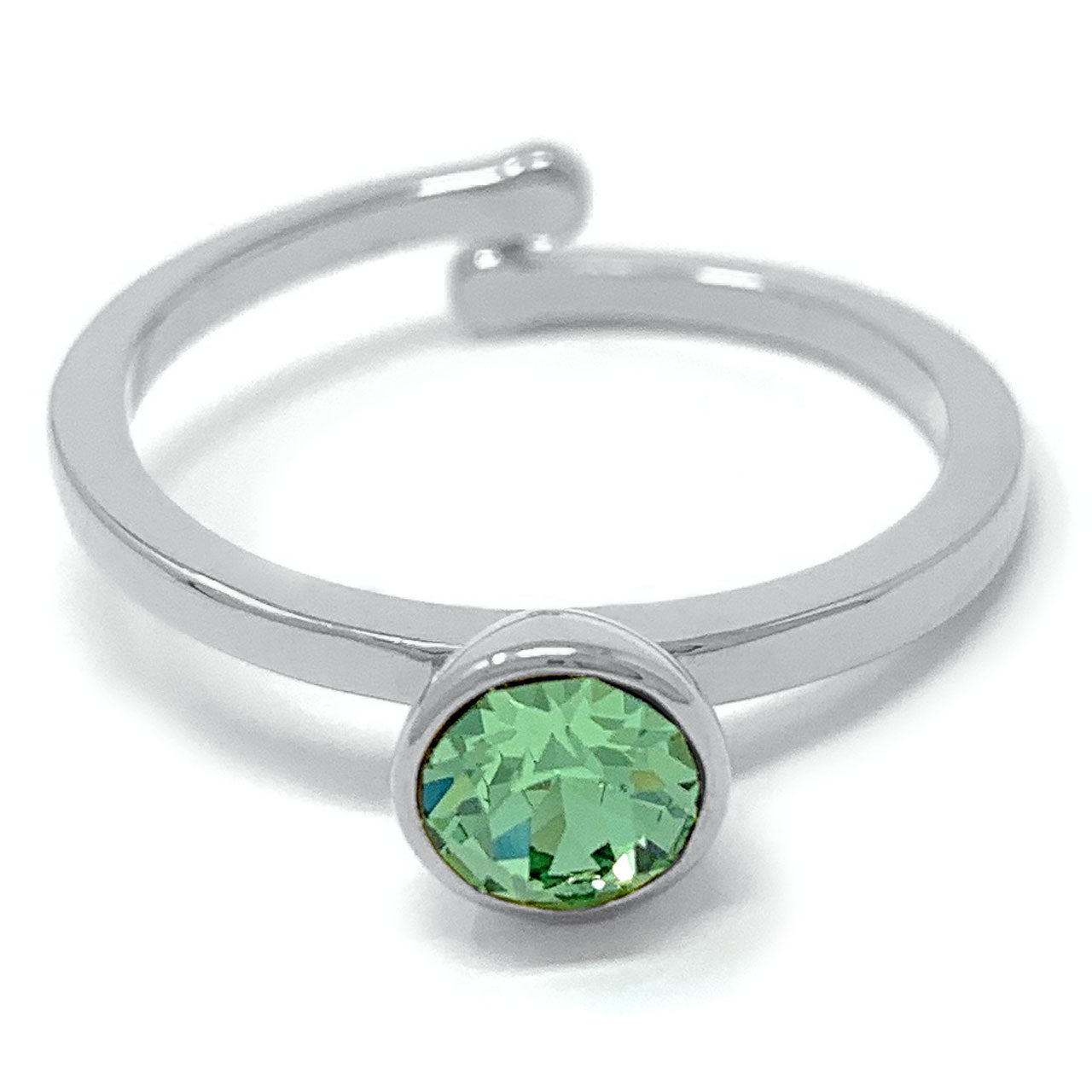 Harley Adjustable Ring with Green Peridot Round Crystals from Swarovski Silver Toned Rhodium Plated - Ed Heart