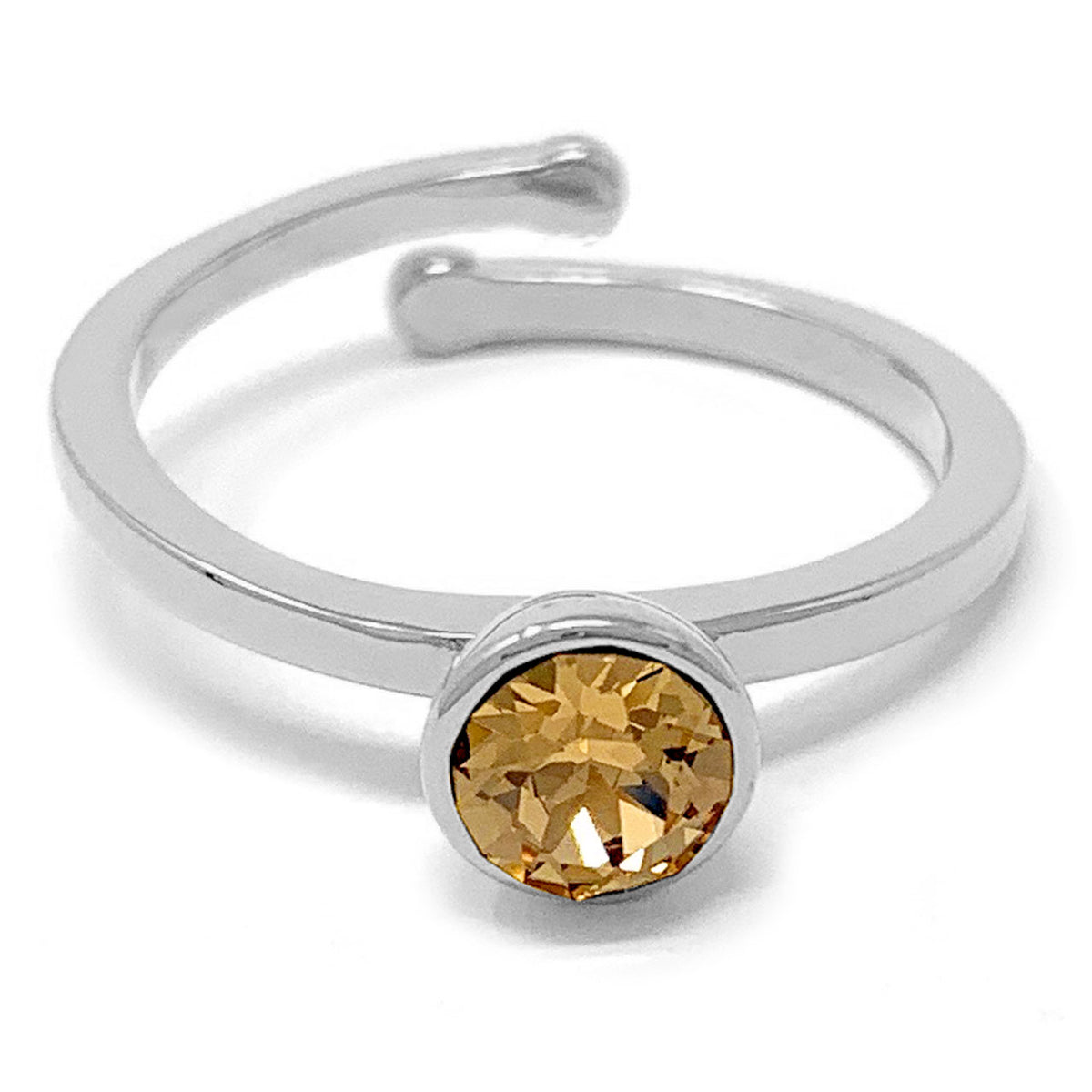 Harley Adjustable Ring with Yellow Brown Light Topaz Round Crystals from Swarovski Silver Toned Rhodium Plated - Ed Heart