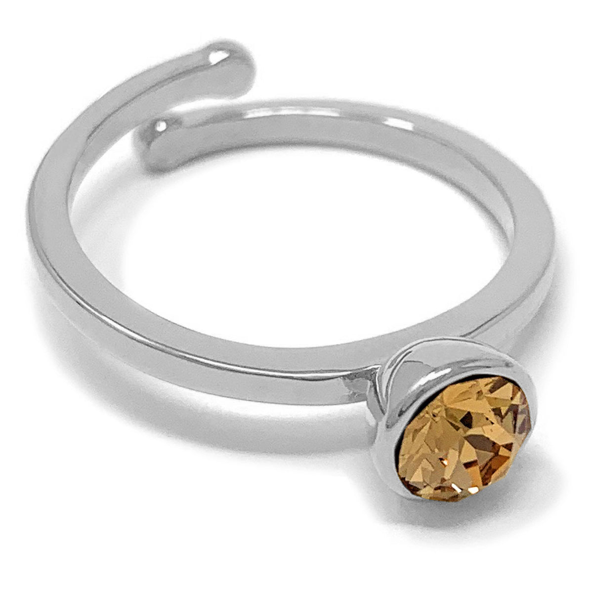 Harley Adjustable Ring with Yellow Brown Light Topaz Round Crystals from Swarovski Silver Toned Rhodium Plated - Ed Heart