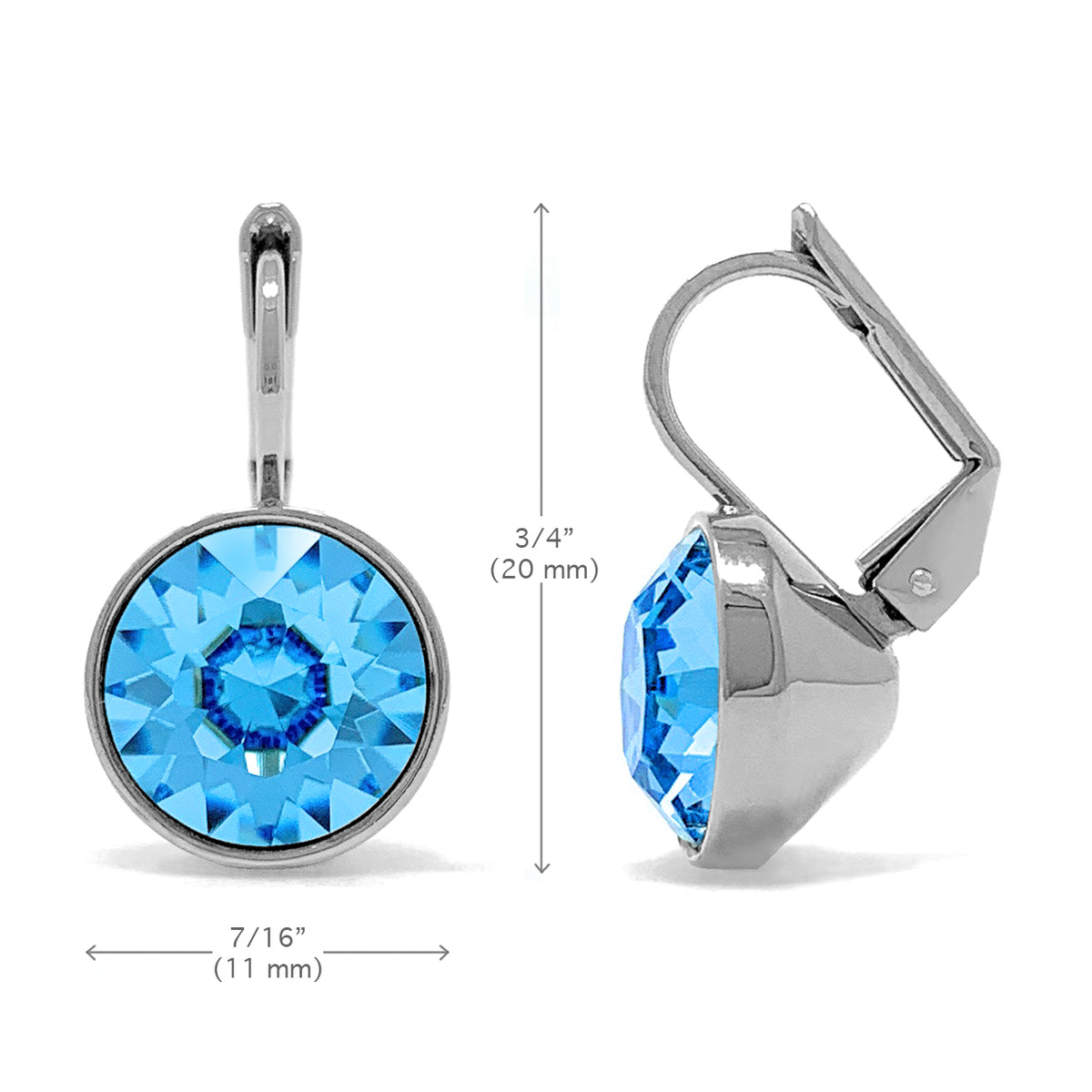 Drop Earrings with Blue Aquamarine Crystals Rhodium Plated