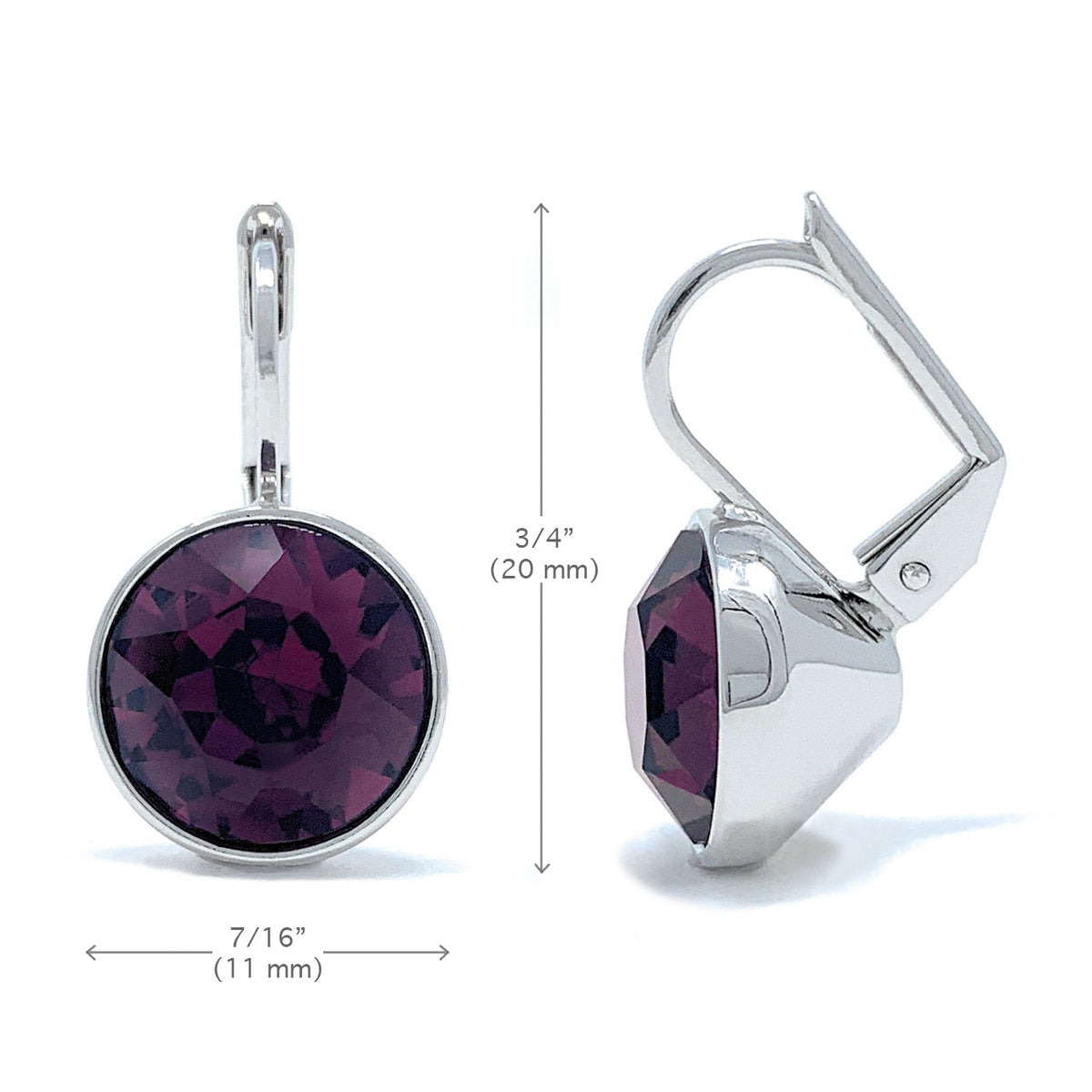 Drop Earrings with Purple Amethyst Crystals Rhodium Plated