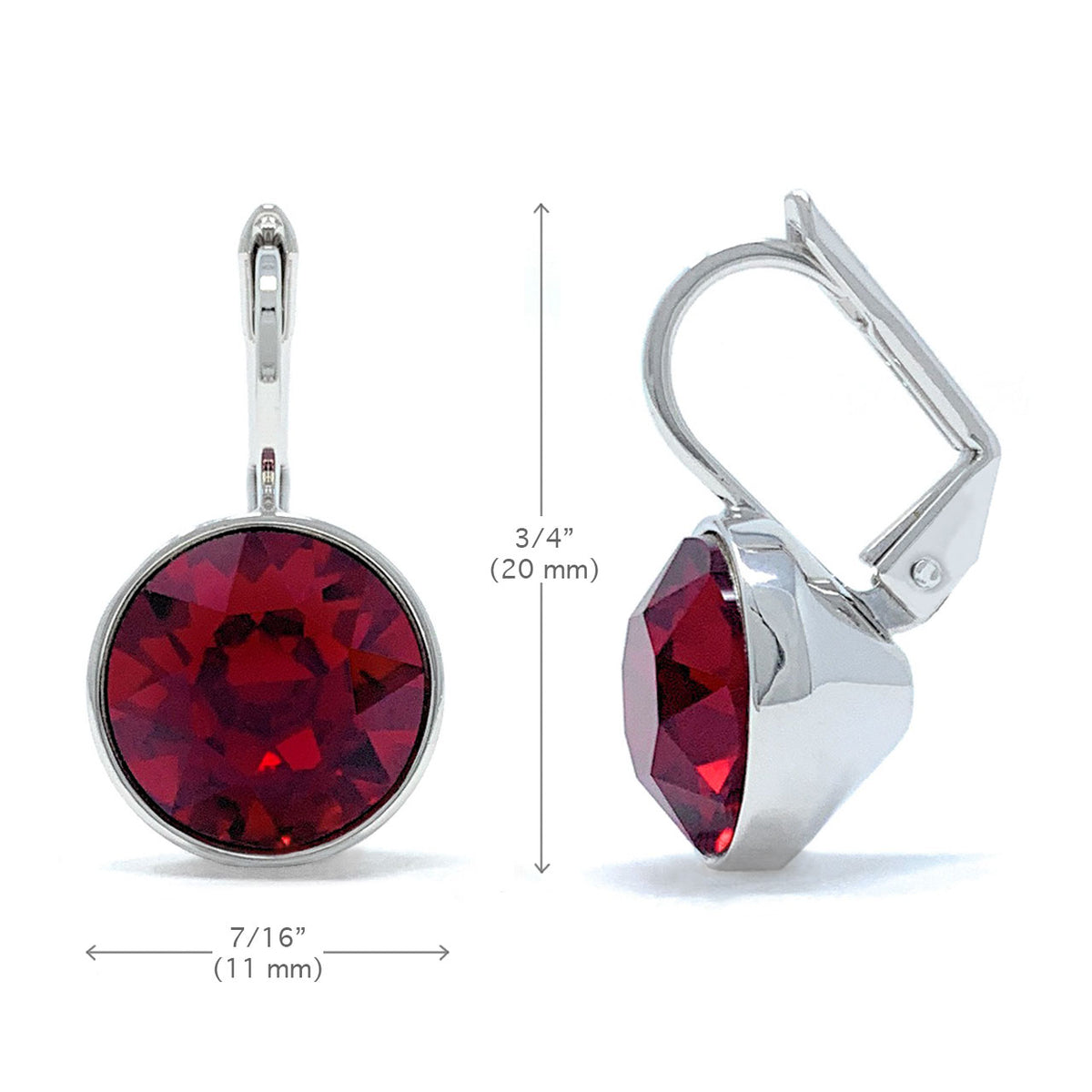 Drop Earrings with Red Crystals Rhodium Plated